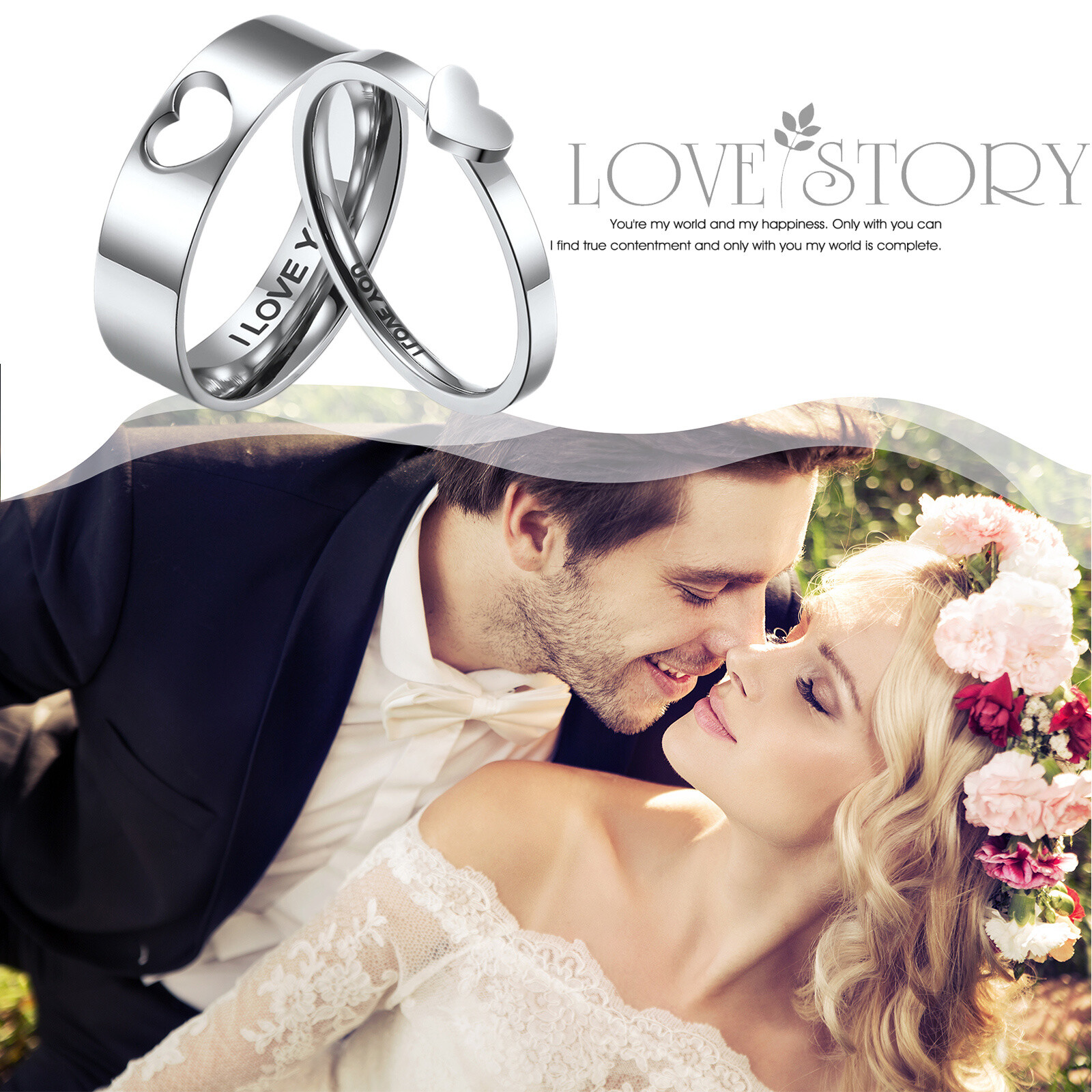 2pcs Couple Matching Heart Promise Rings I Love You Engagement Wedding Band Gift