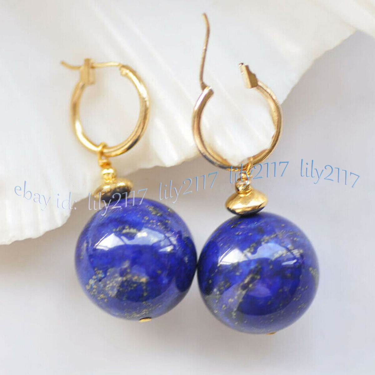 Natural Blue Lapis Lazuli Round Gemstone Beads Dangle Gold Leverback Earrings