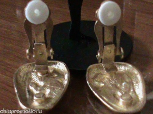 Clip Earring Gold Plate Fossil Rock Stone Vtg Look Petroglyph Hyroglific Reptile