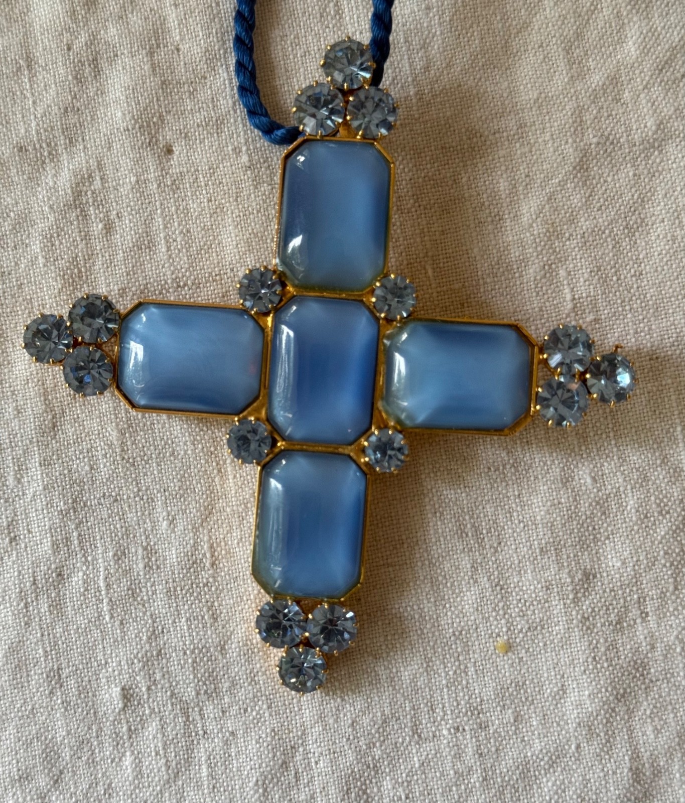 NWOT Vintage French Couture Style Cross / Brooch-Pendant Blue Glass 1980s