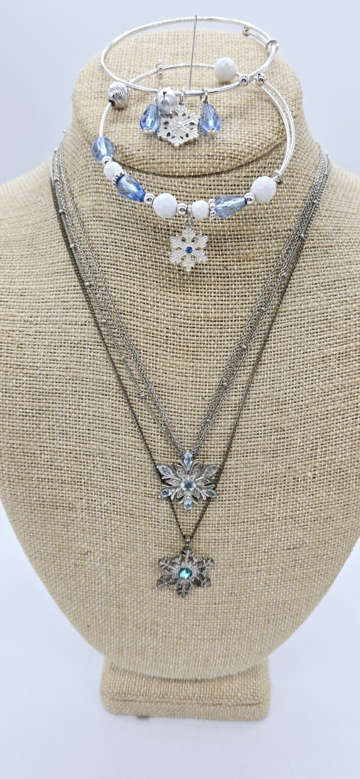 Snowflake Christmas Necklace Bracelet Earring Lot Blue Silver tone Set of 5