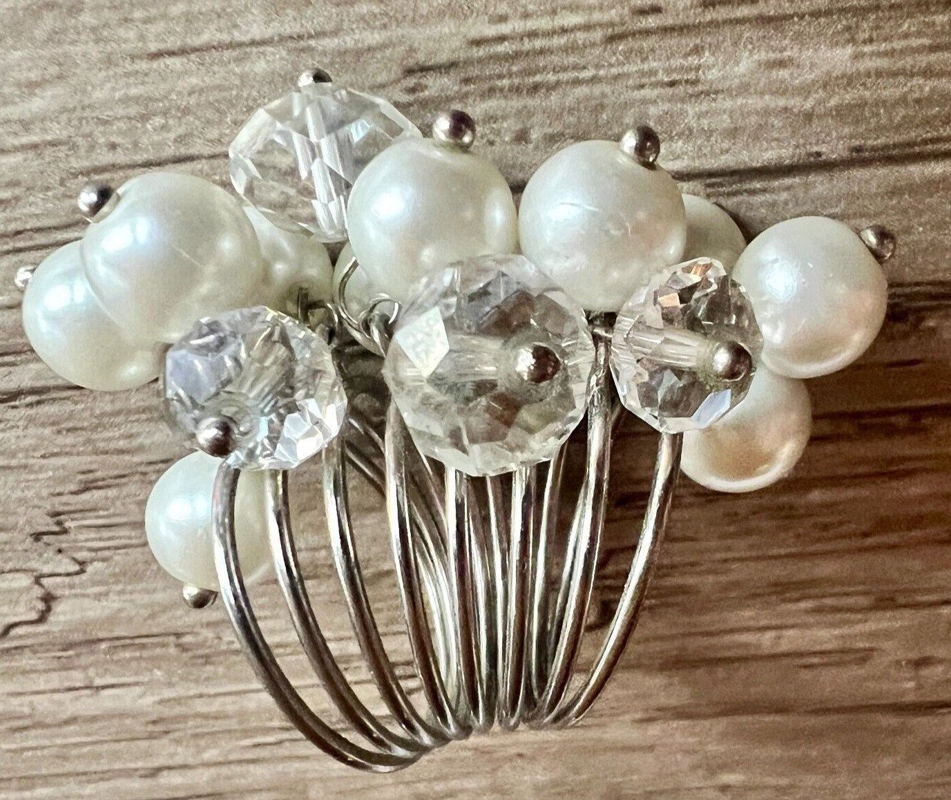 Vintage Faux Pearl & Crystal Cluster Statement Ring Adjustable Multi-Band Unique
