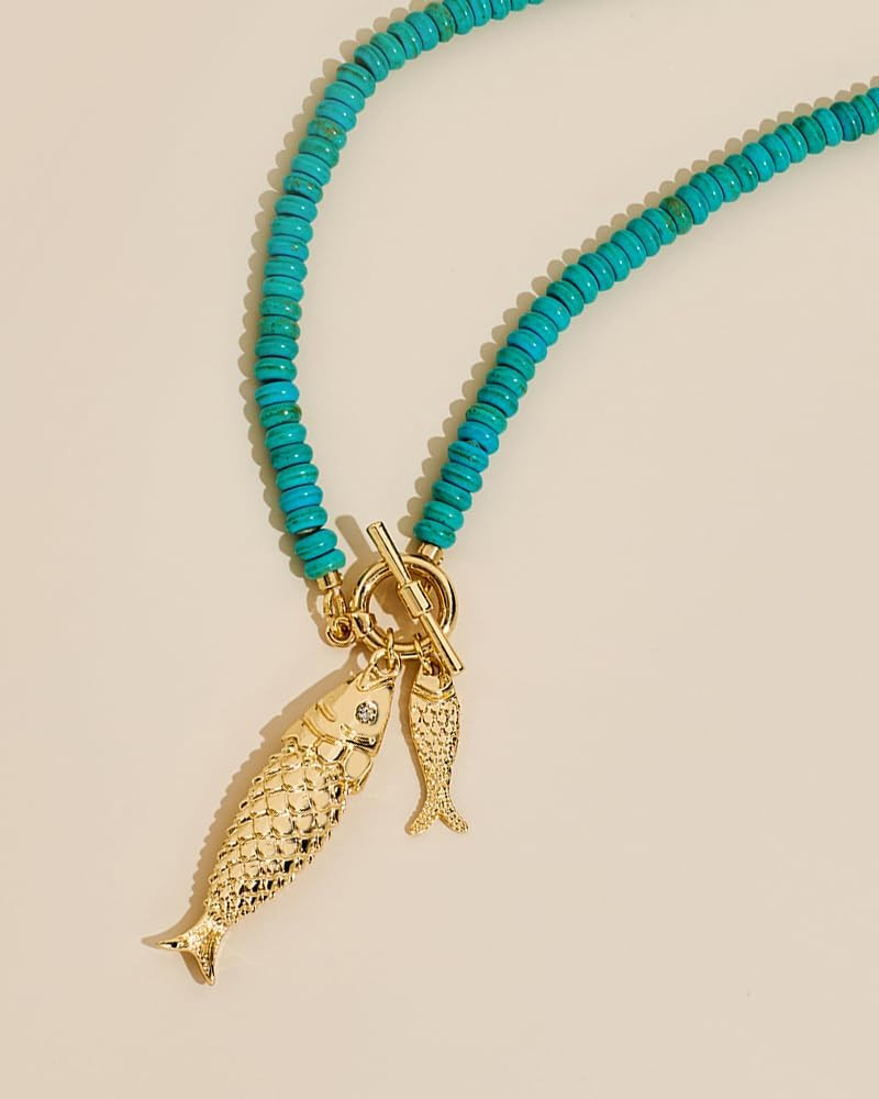 Chunky Gold Fish Pendant Necklace for Women Long Silk Scarf Turquoise Strand Nec