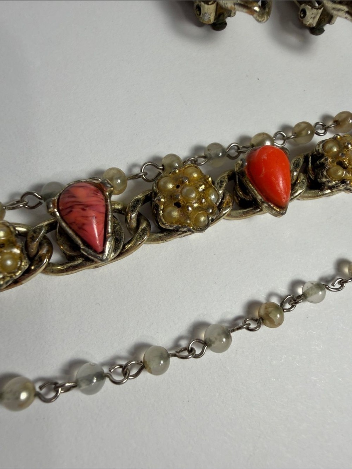 Vintage Gold Tone Faux Turquoise Coral Cabochon Bracelet Earring Set BOHO