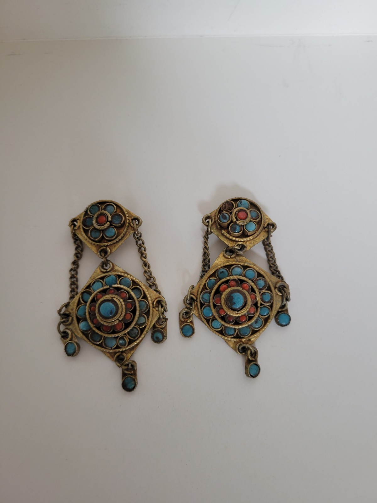 Vintage Himalayan Dangle Earrings Turquoise Coral Gold Tone Clip On Nepal