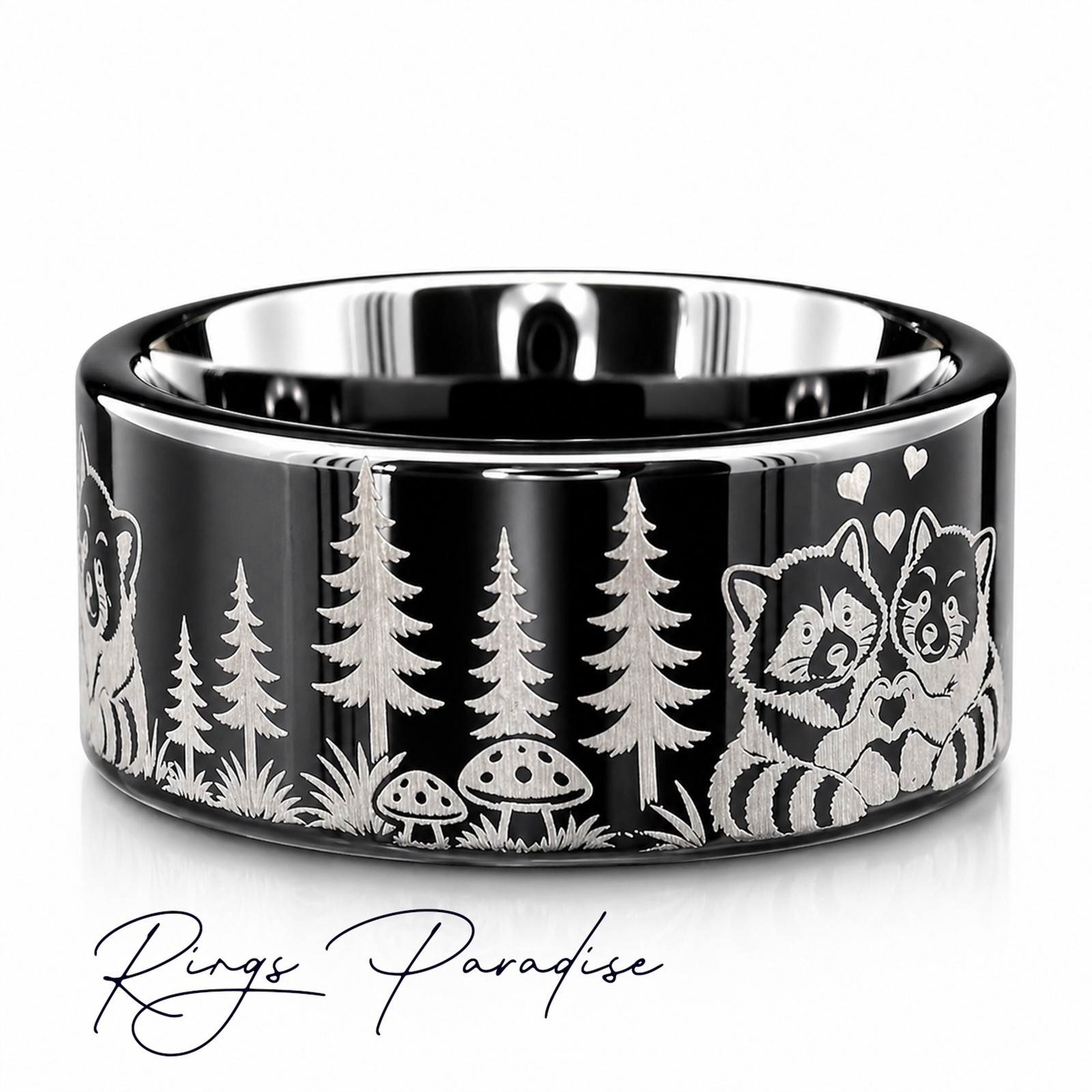 Raccoon and Red Panda Engraved Ring – Forest Animal Design – 8mm, 10mm,12mm