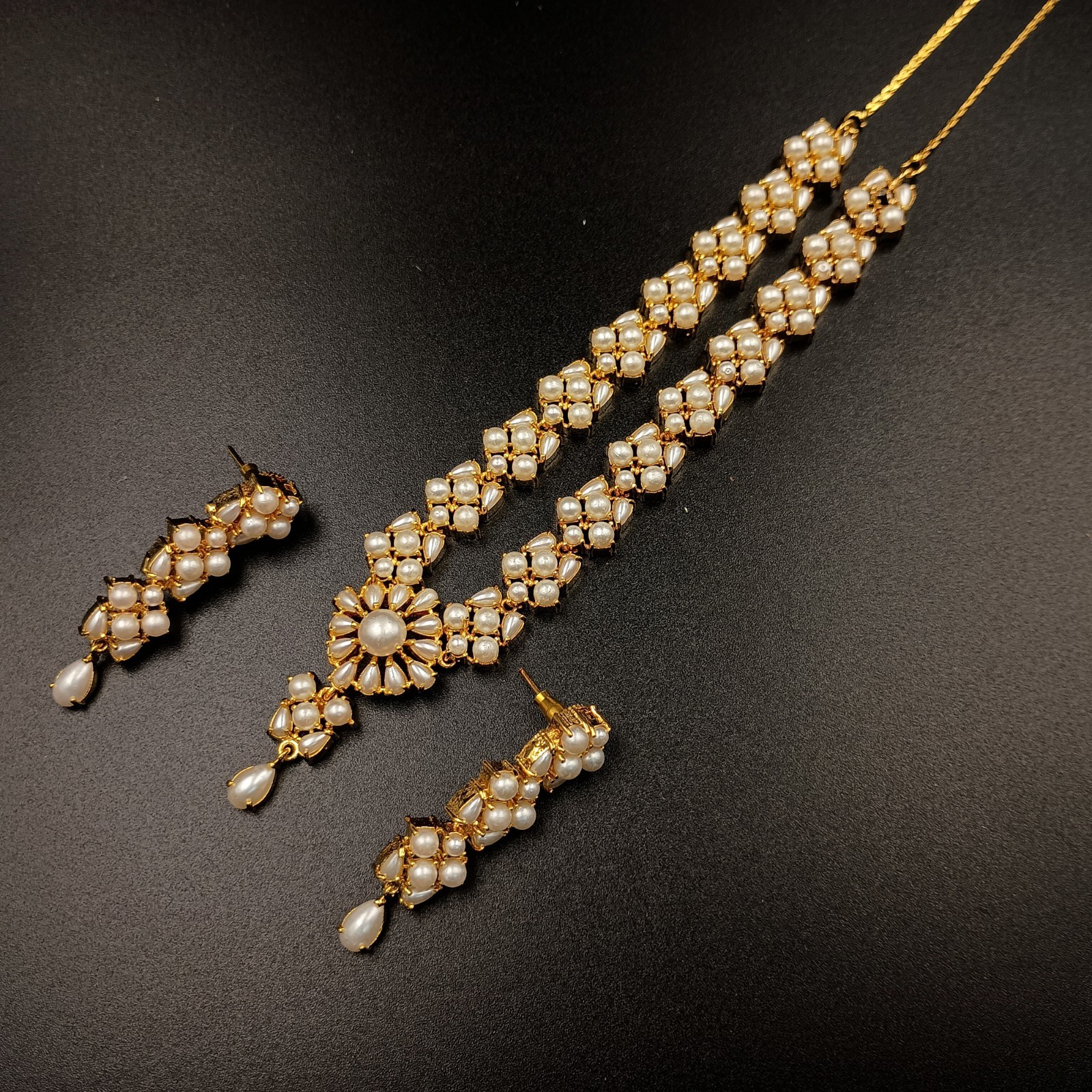 Vintage 22K Gold Plated Pearl Necklace Set Traditional Ethnic Statement Sets