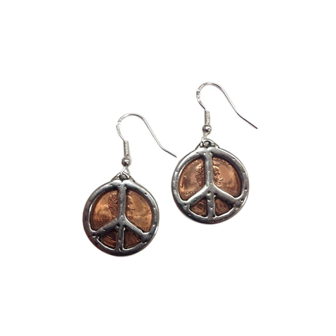 Penny Earrings with Peace Signs, on sterling silver earwires, FREE SHIPPING