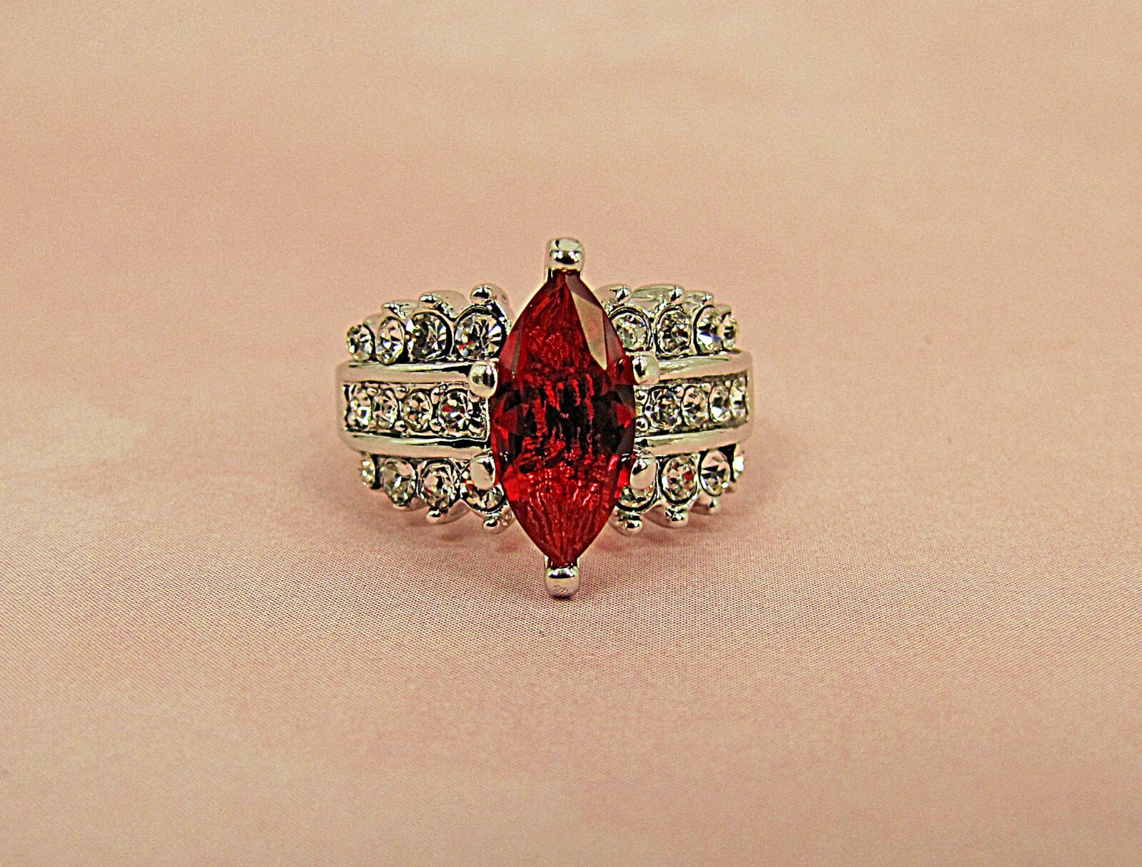 Red Marquise Cubic Zirconia Stone Fashion Ring with Clear CZ Stones on sides NEW
