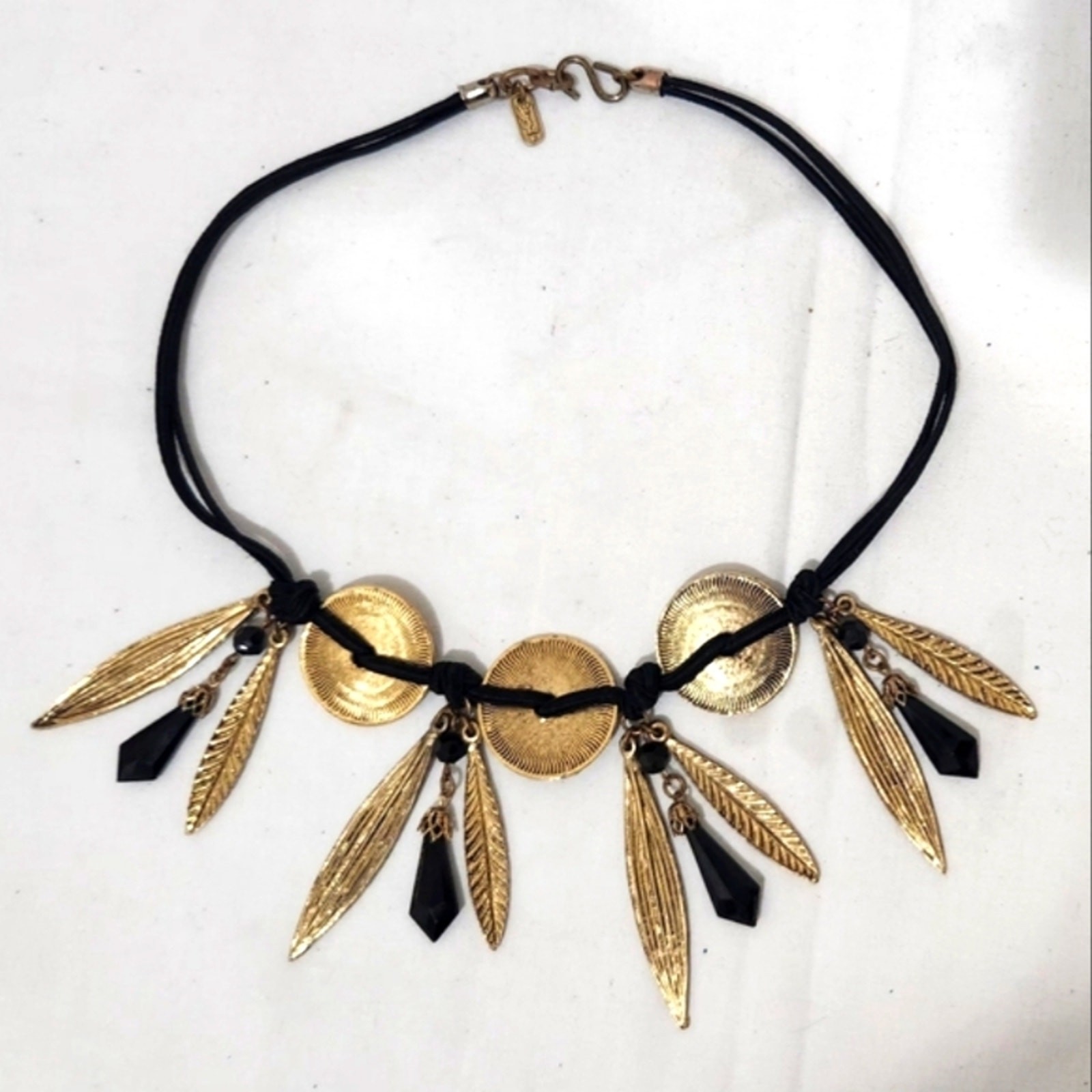 YSL (Yves Saint Laurent) crystals gold plated leaves and disc necklace