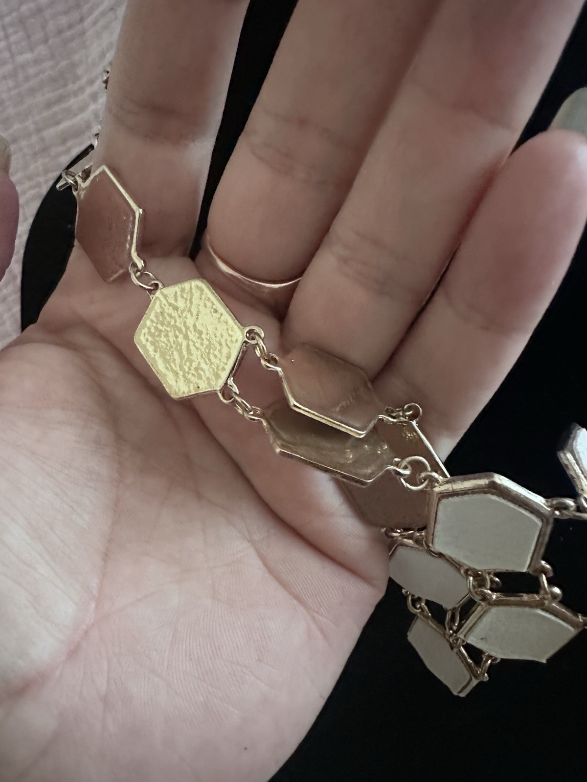 Gold Tone White Hexagon Textured Panel Statement Bib Fashion Necklace