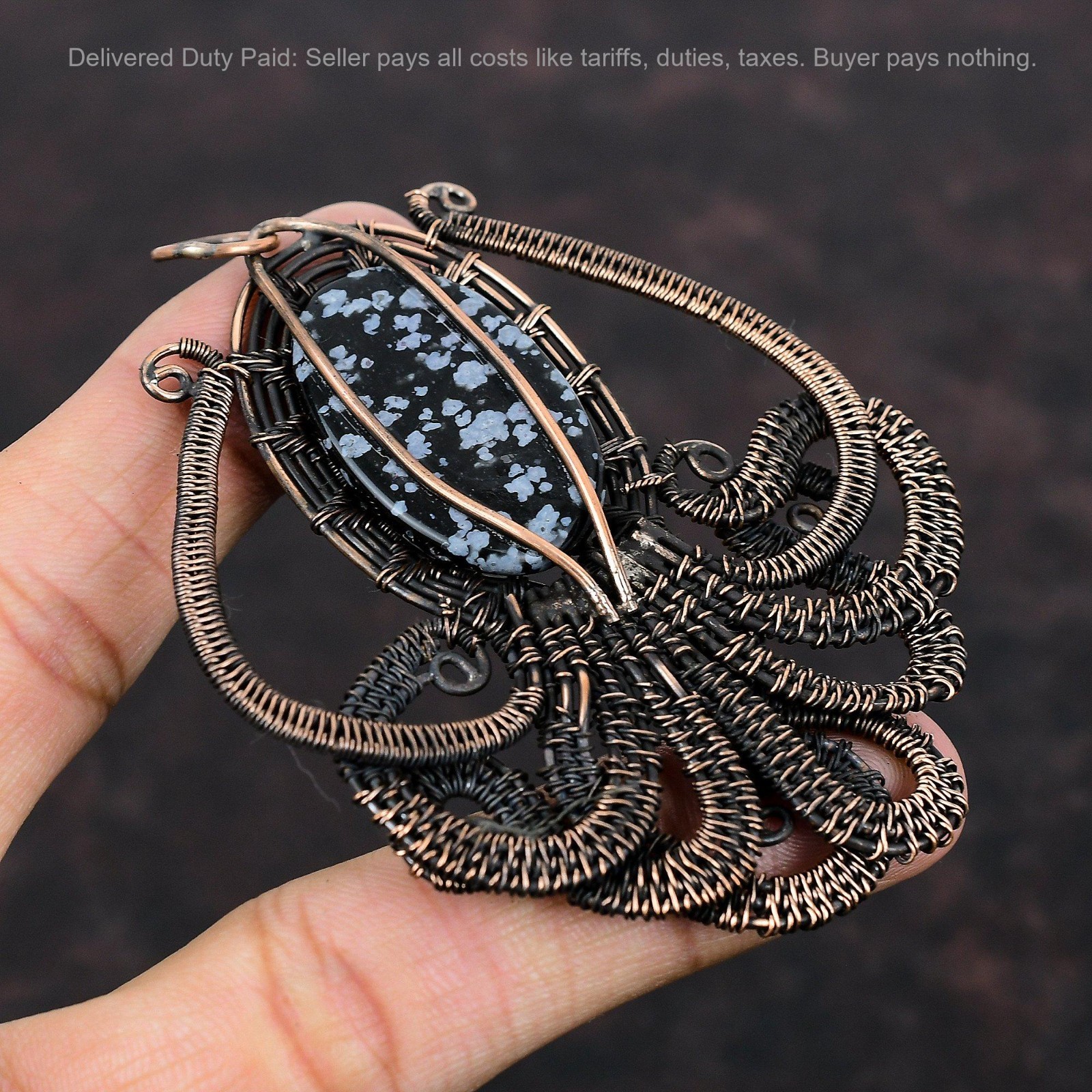 Natural Snowflake Obsidian Wife Wire Wrapped Octopus Engagement Pendant Copper