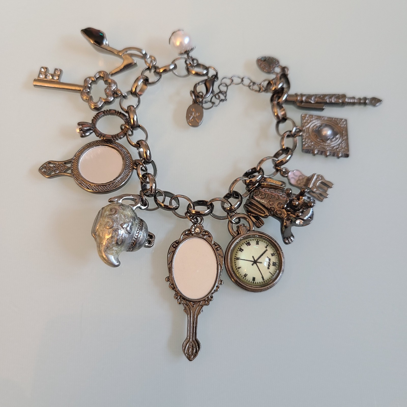 10″ Whimsical Fairytale Charm Bracelet Gunmetal Tone Teapot Frog Mirror Shoe Key
