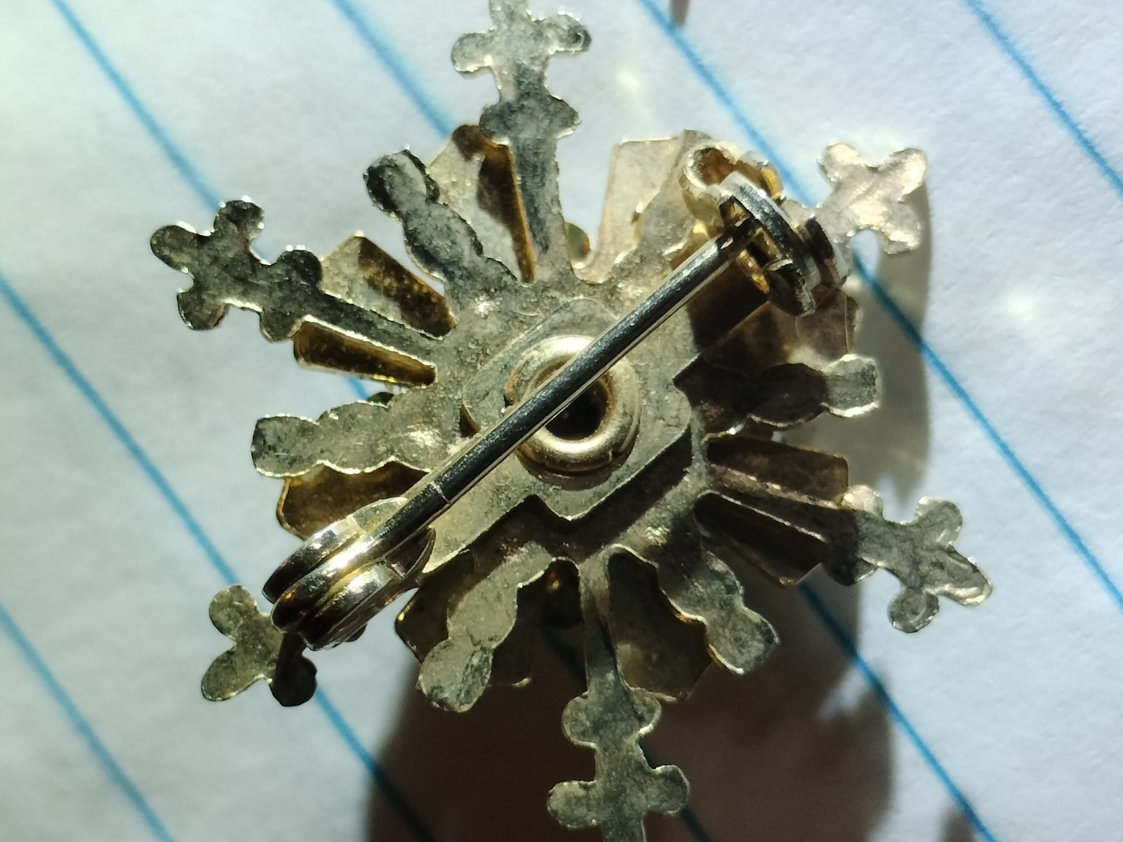 Gold Tone Metal Snowflake Pin Brooch with Blue Enamel & Purple Square Stone