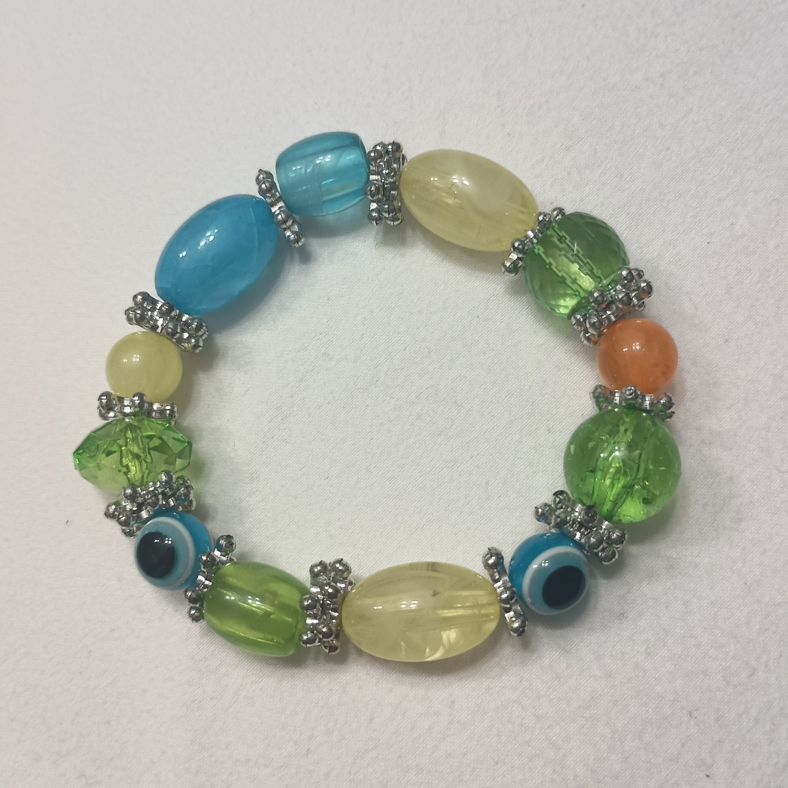 4 Pc Handmade Stretch Beaded Bracelet Set Colorful Glass Silver Tone Charm Boho