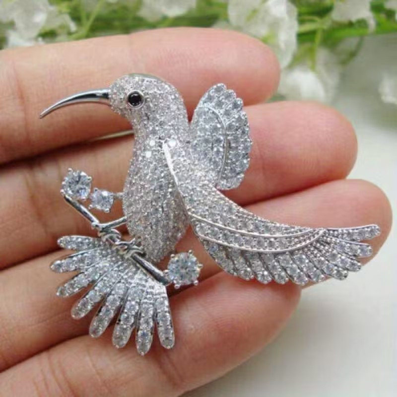 Silver Tone Rhinestone Hummingbird Brooch Pin Crystal Bird Statement Jewelry