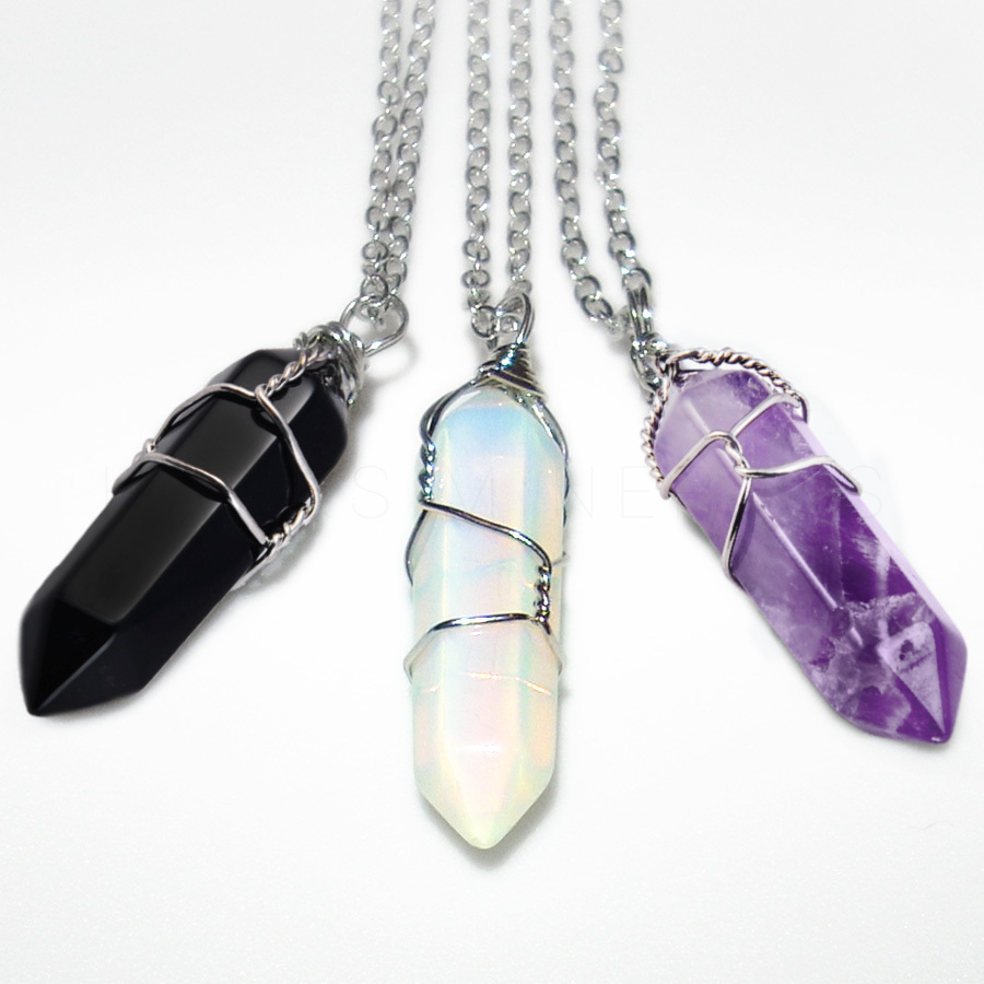 Wire-Wrapped Crystal Necklace Gemstone Pendant with Chain Opalite Onyx Amethyst