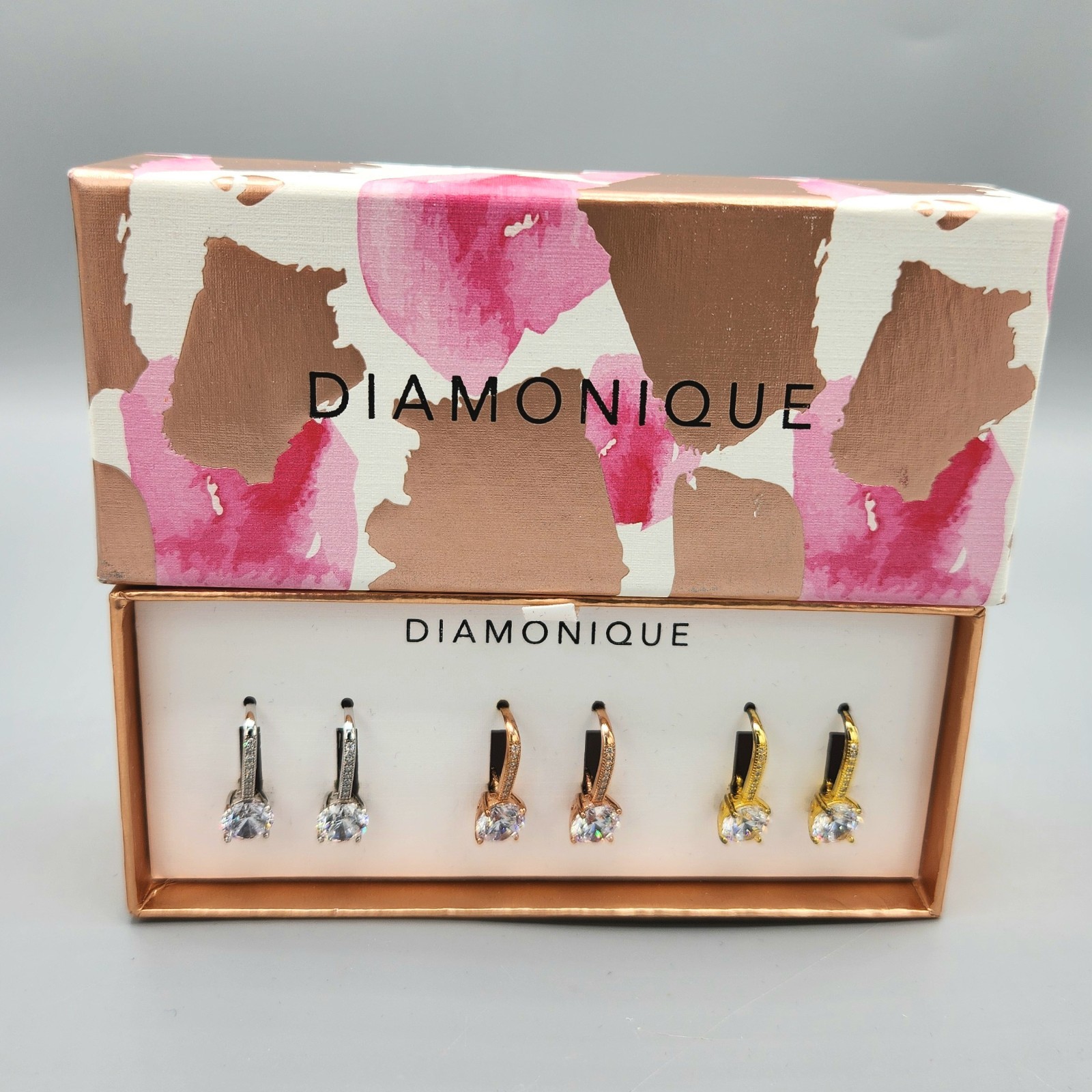 NIB 3 Pair Diamonque CZ Tri Color Gold Clad Sterling Silver Leverback Earrings