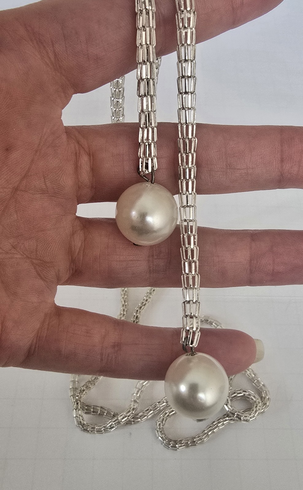 Lariat Faux Pearl Silver Tone Rope Chain Necklace