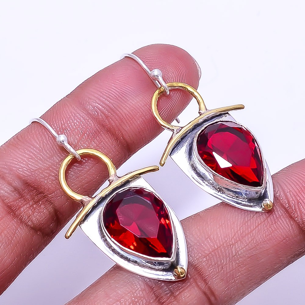 Red Garnet 925 Sterling Silver Two Tone Earring 1.76″ E103, Christmas Gift