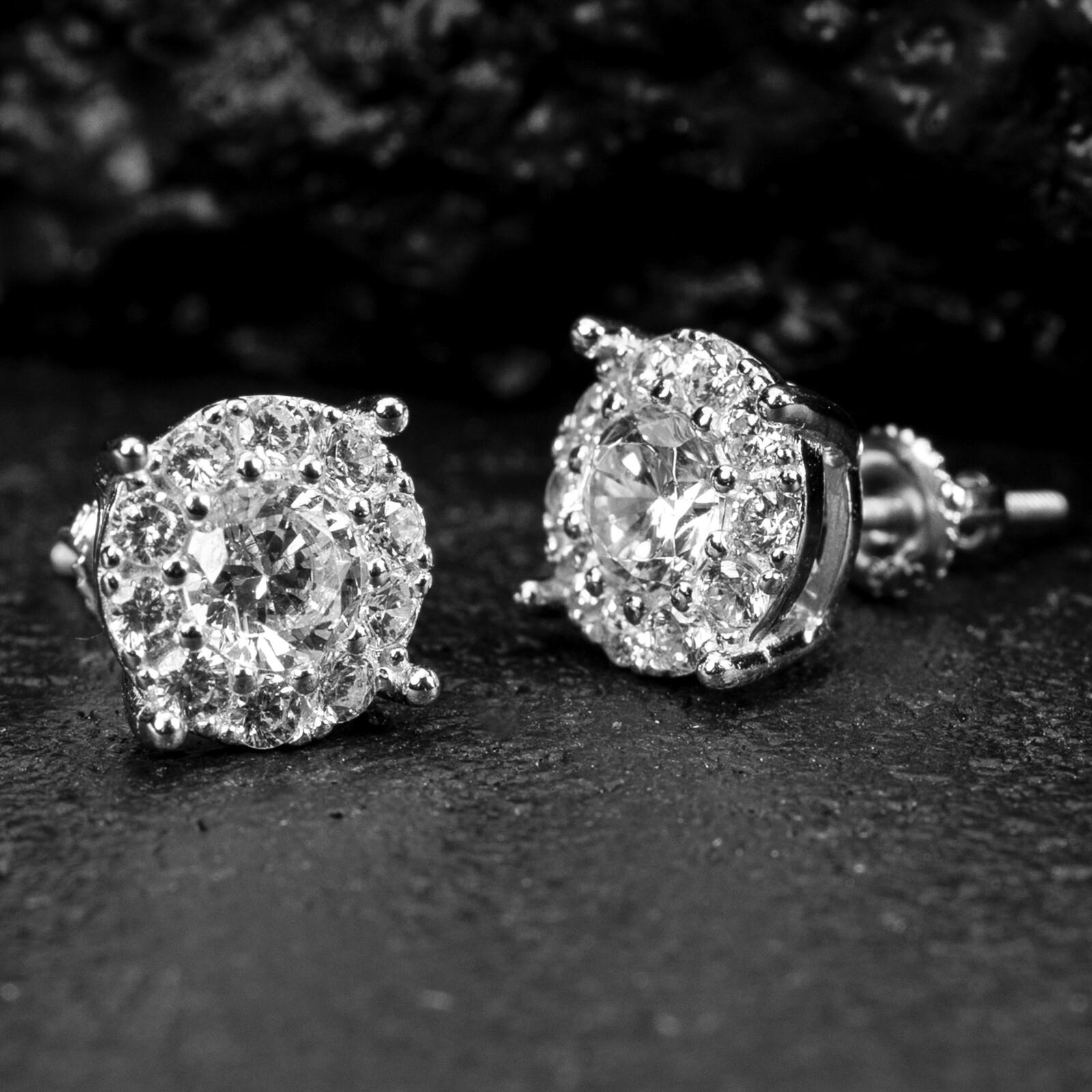 White Gold 925 Sterling Silver Men’s Hip Hop Iced Cz Cluster Stud Earrings