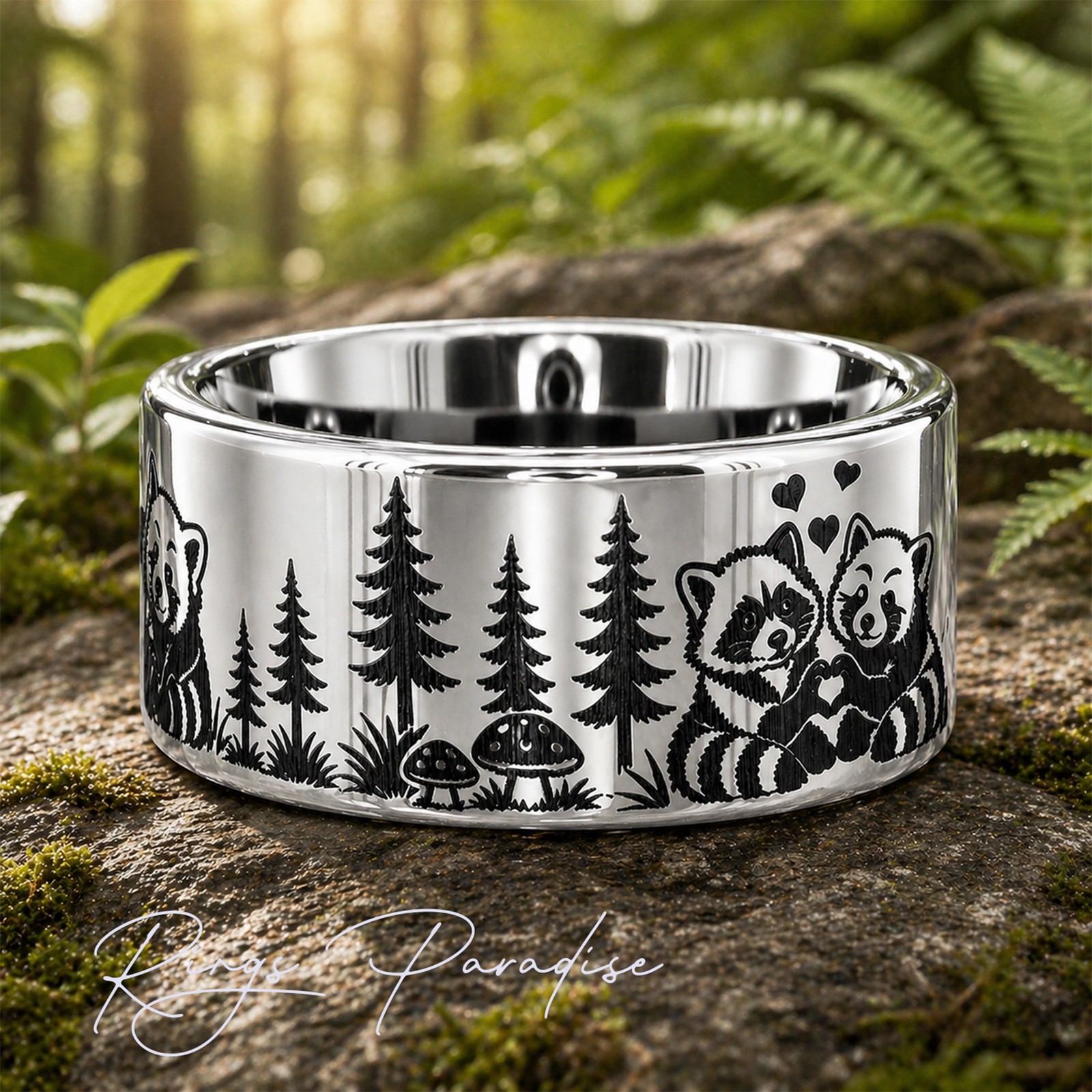 Raccoon and Red Panda Engraved Ring – Forest Animal Design – 8mm, 10mm,12mm