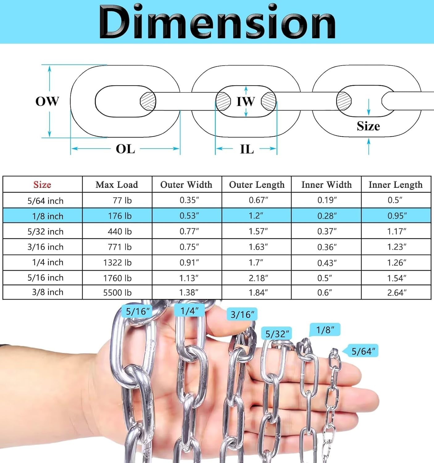 6.5ft Stainless Steel Chain for Home Outdoor Camping