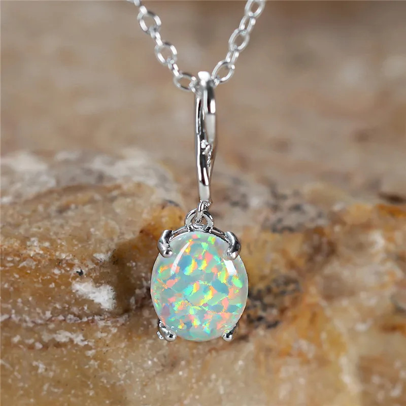 Boho Female Small White Fire Opal Stone Oval Pendant Necklace Silver Color Weddi