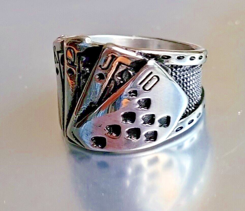Stainless Steel Royal Straight Flush Ring Silver Finish Biker Lucky Poker Ring