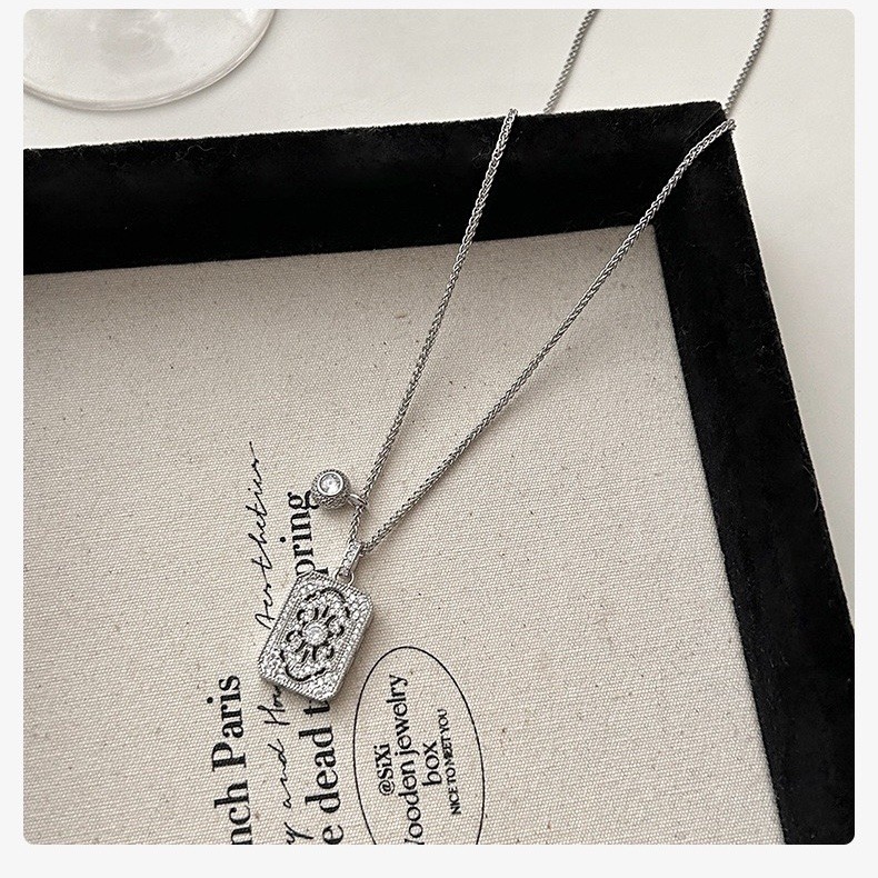 Vintage Square Tag Simulated CZ Pendant Adjustable Wheat Chain Necklace