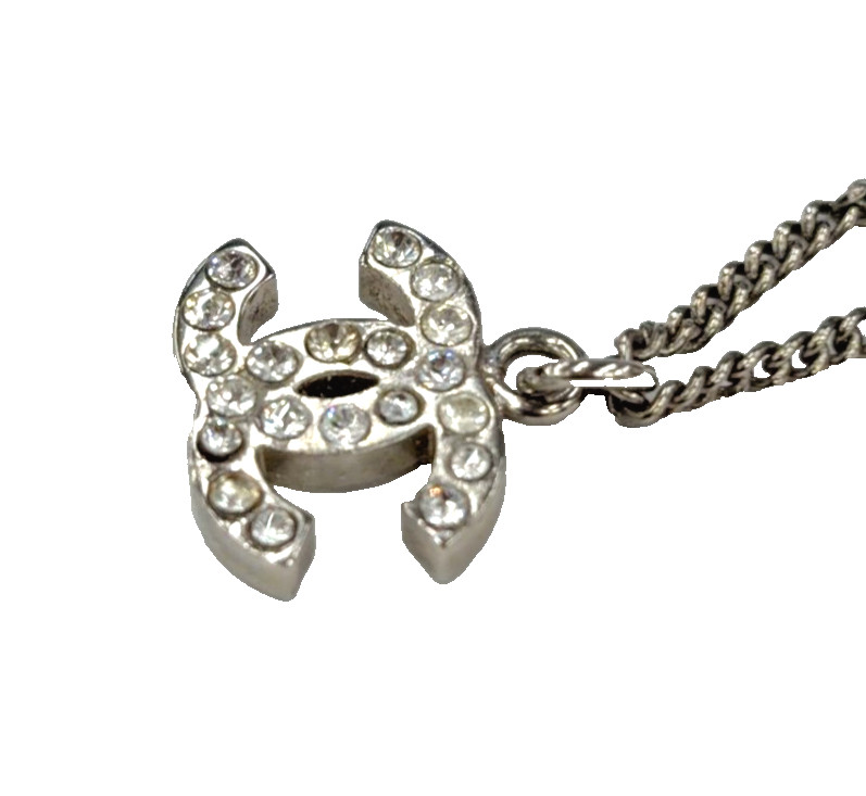 CHANEL Used CC Logos Chain Necklace Rhinestone Silver Pendant B11V Italy #EM57 O