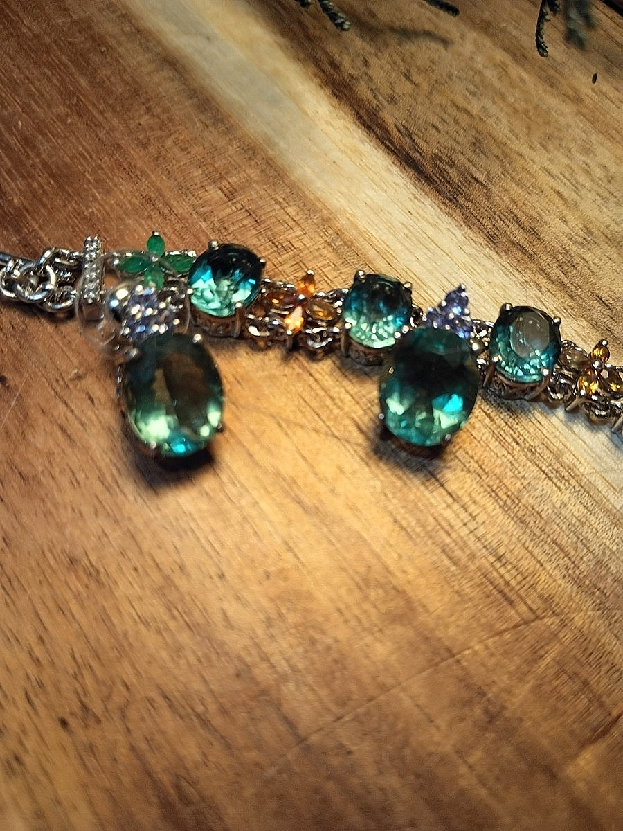 Sterling Silver 925 (STS) Teal Peacock Quartz Multi Gemstone Bracelet & Earrings