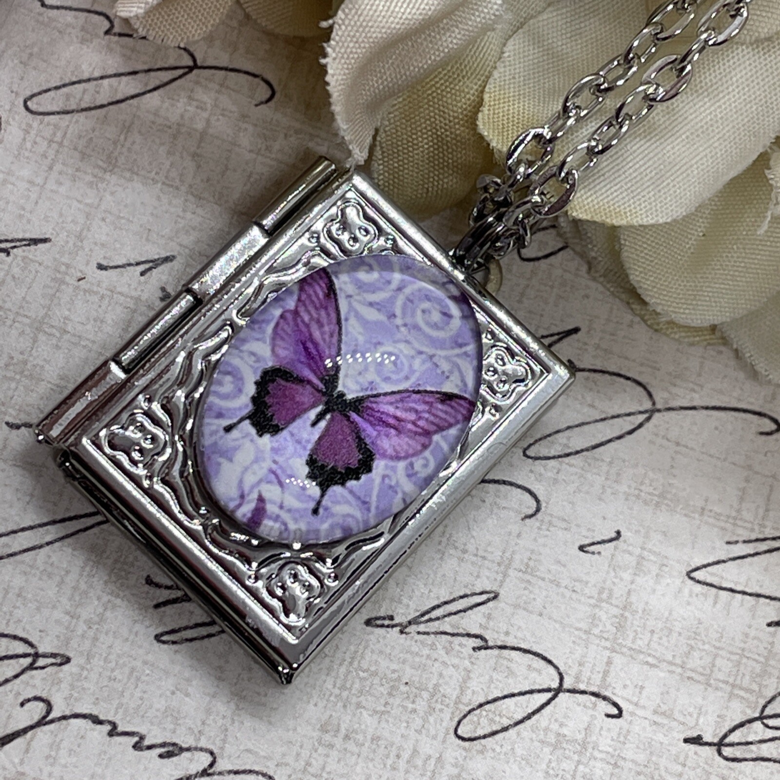 Silver Birthday anniversary purple BUTTERFLY book Locket pendant necklace photo