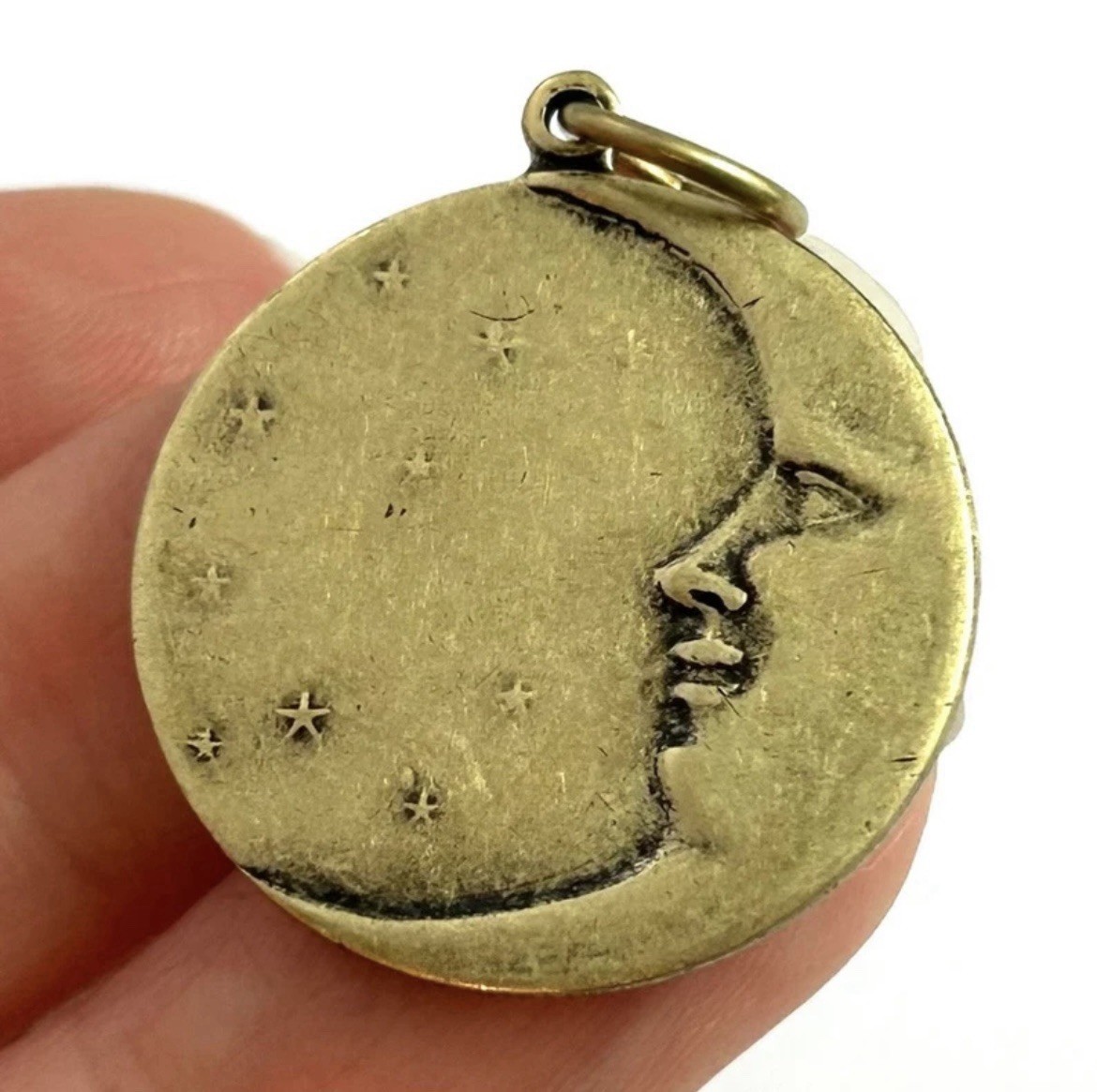Moon Charm Pendant Antiqued Brass Metal Crescent Moon Face Stars Celestial