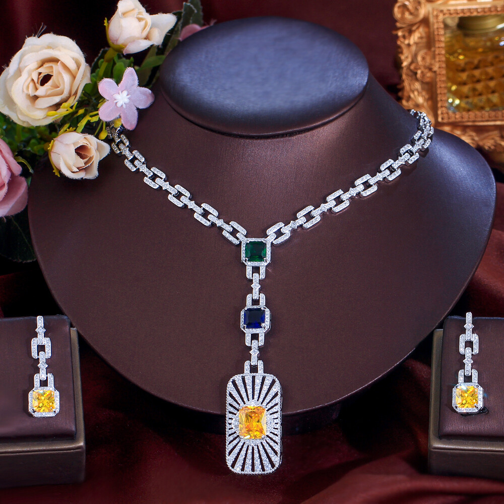 Women Silver Plated Long Chain Drop Necklace Earrings Zirconia Party Jewelry Set