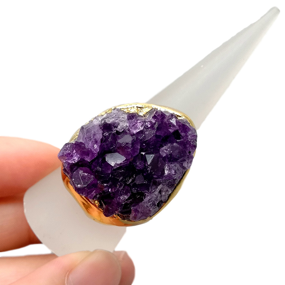 Natural Amethsyt Druzy Cluster Freedom Shape Gold Electroplated Ring Adjustable