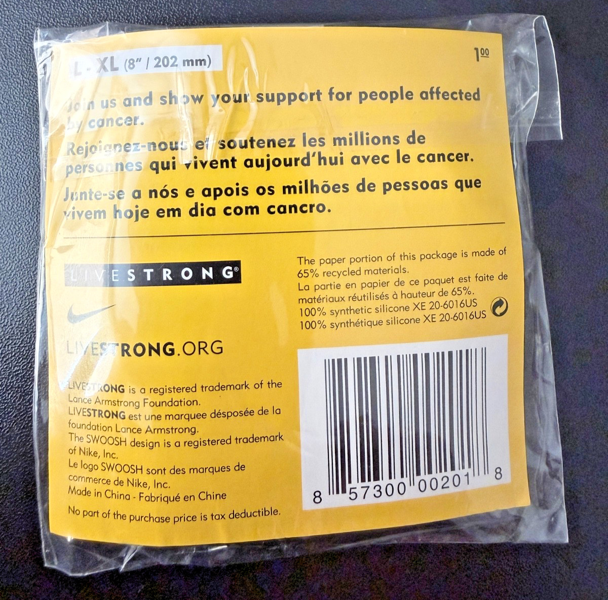 Nike LIVESTRONG bracelet Adult size L-XL Lance Armstrong New Yellow