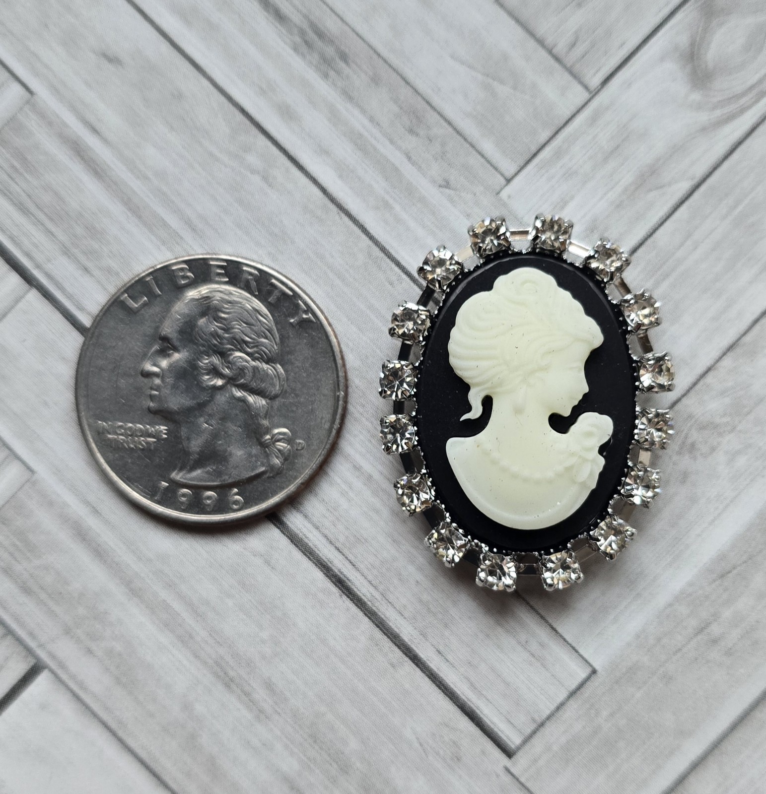 MAGNETIC Cameo Brooch, Black, Cream silver rhinestone framing. Victorian jewelry