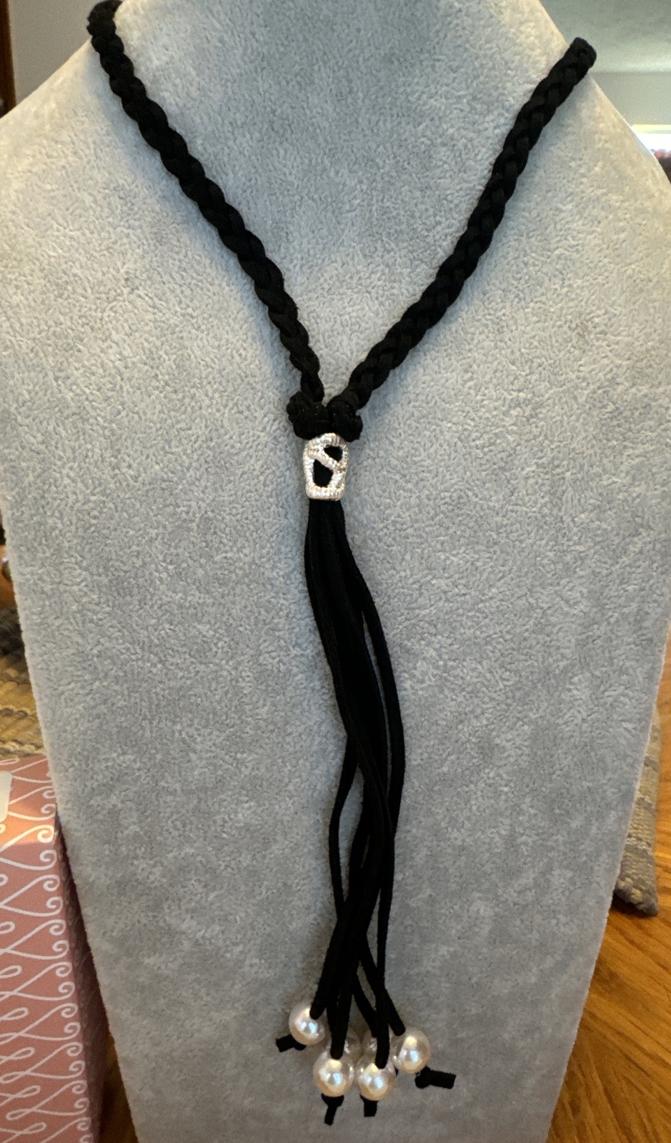 Plunder Design Fashion Trendy Jewelry Black Tie Boho Braided Cord Pearl Necklace