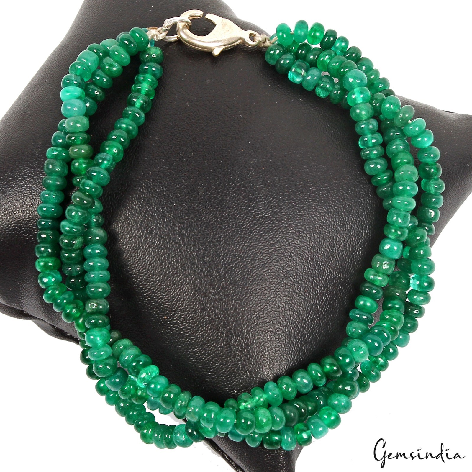 7.5 In Natural Zambian Emerald Twisted Bracelet Cabochon Beads Silver Clasp