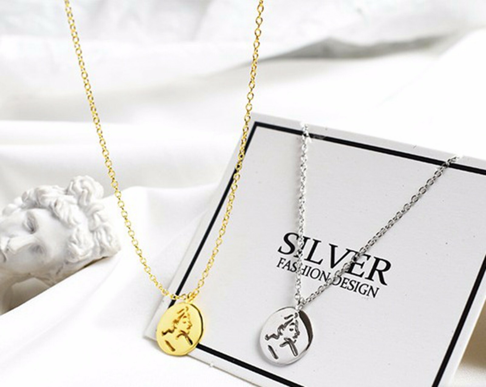 Women Girl 925 Sterling Silver Beauty Lady Face Silver Coin Necklace 16-18″