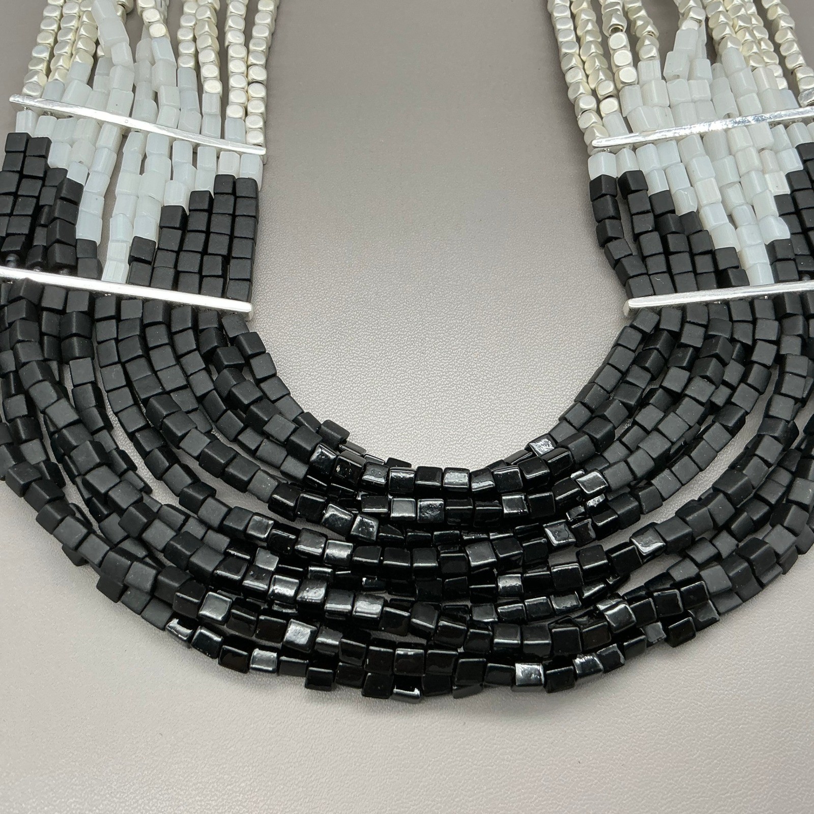 Chico’s Necklace Womens Black White Silver Beaded Multi Strand Statement 22 In