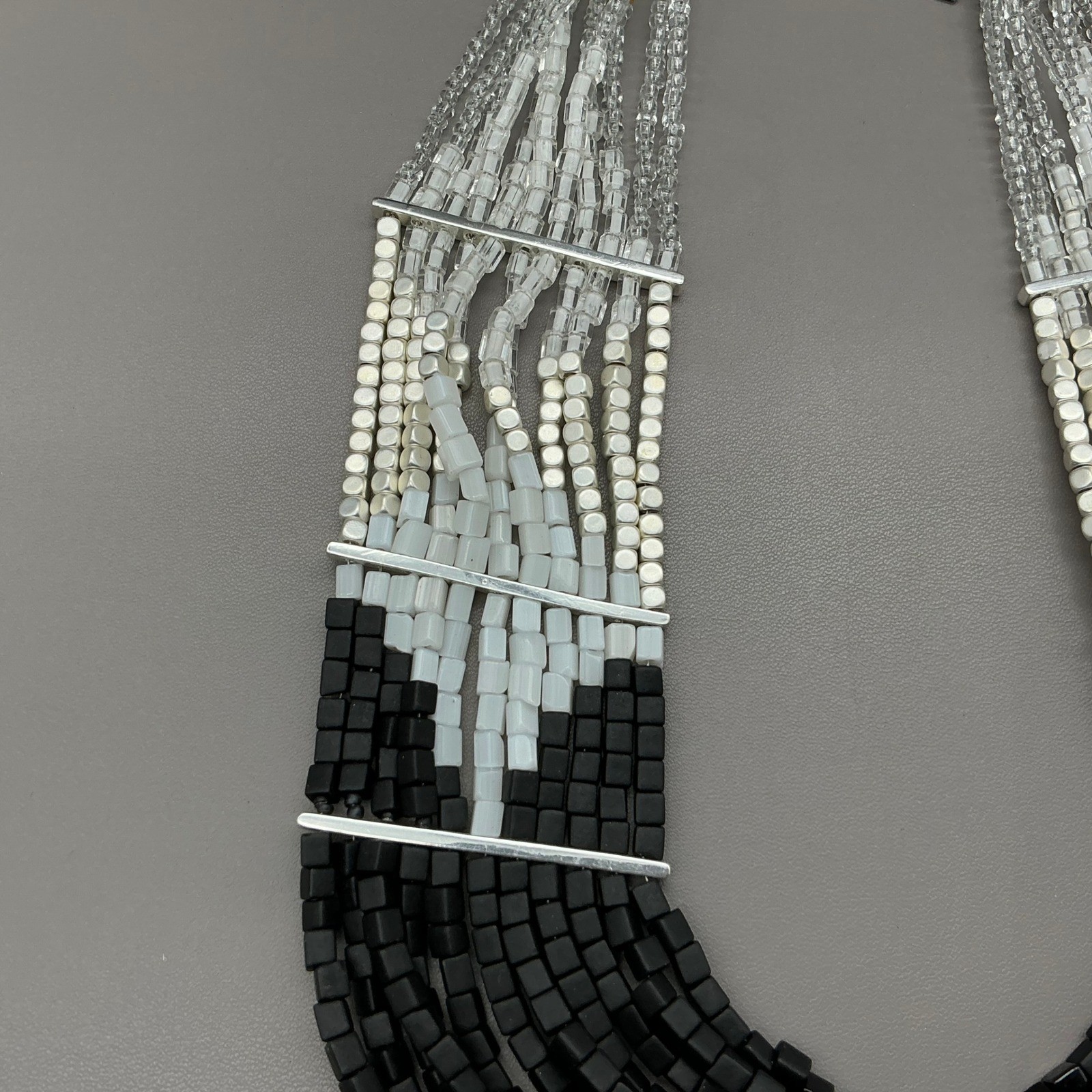 Chico’s Necklace Womens Black White Silver Beaded Multi Strand Statement 22 In