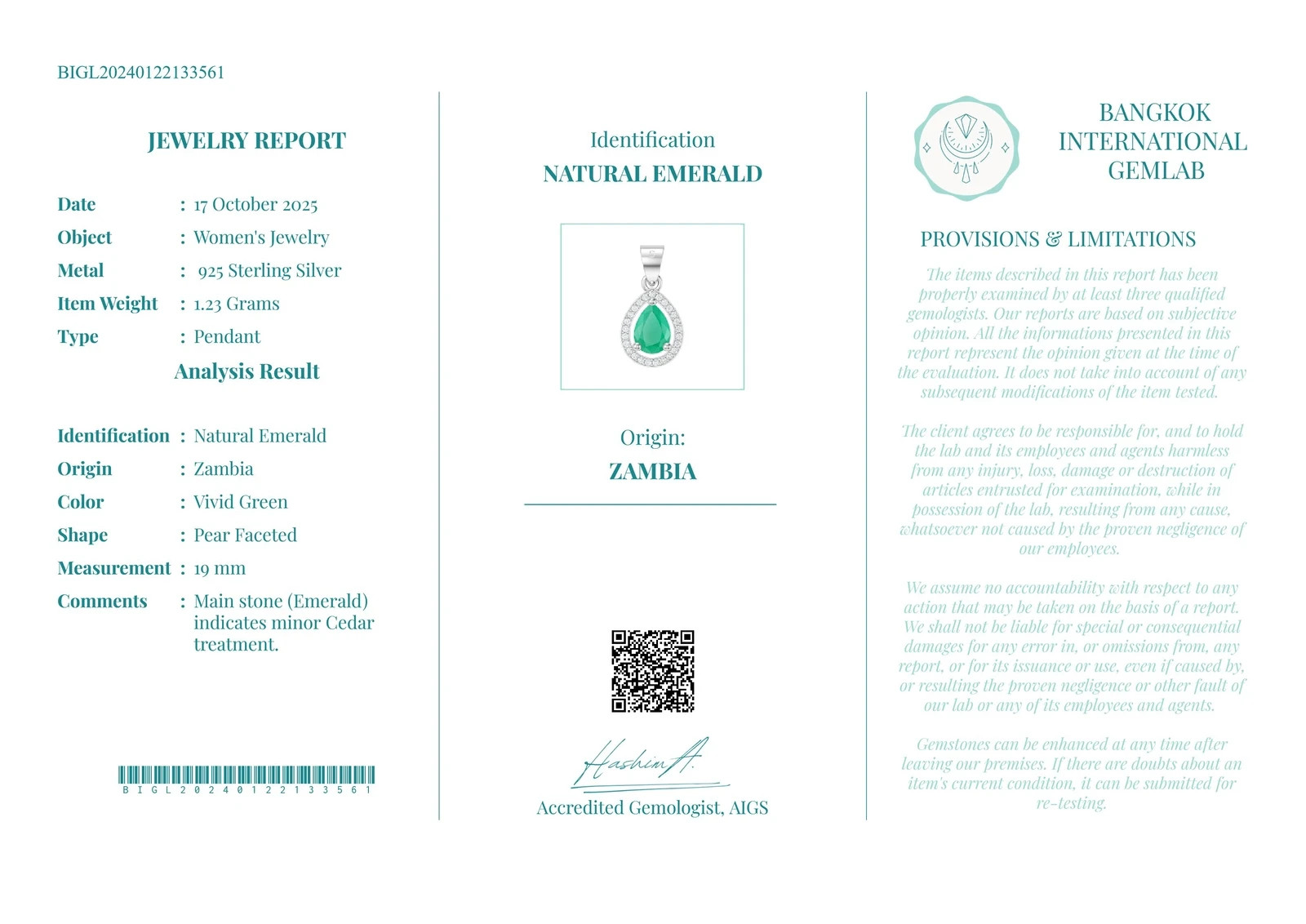 Certified Natural Emerald Pendant 925 Sterling Silver Zambia with Lab ReporAdd a