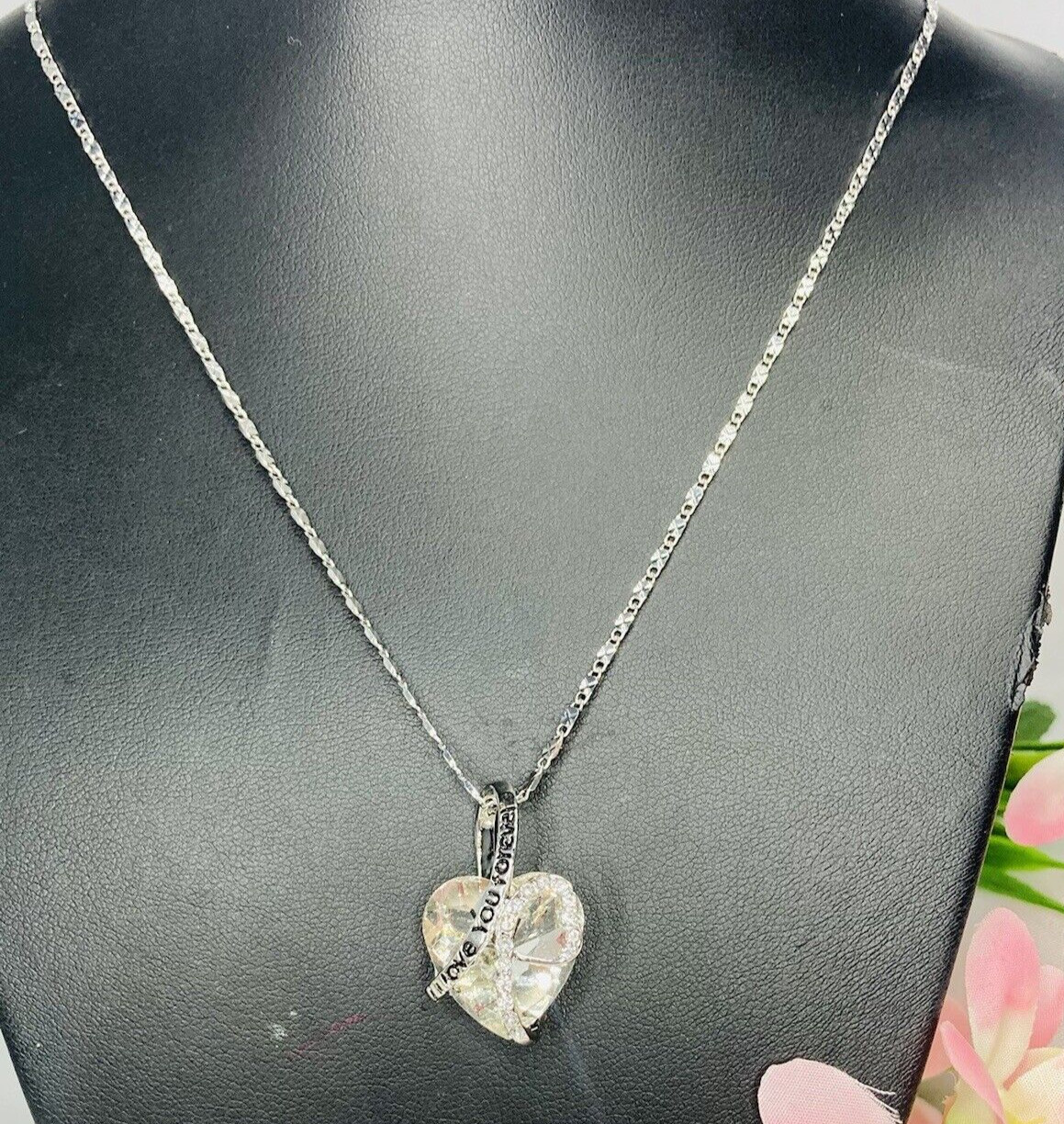 14k White Gold Plated Heart “I Love You Forever” Pendant Huge Whit Cz &Chain 20″