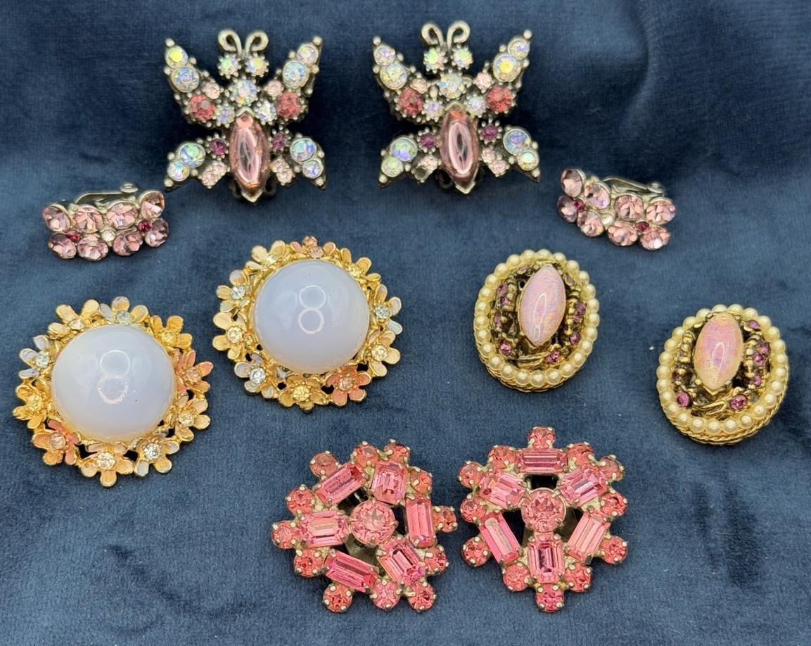 Vintage 50s MCM Clip On Earrings Jewelry Lot 5 Pair Rhinestones Opalite Cabochon
