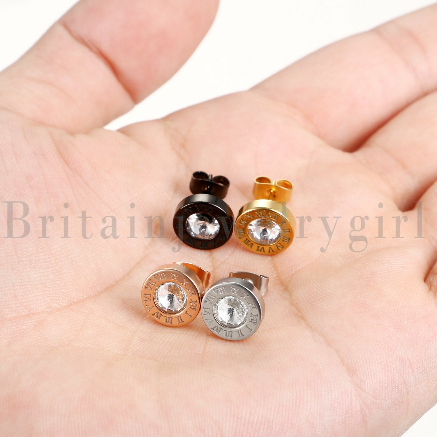 Men Women Stainless Steel Cubic Zirconia Round Roman Numerals Stud Earrings