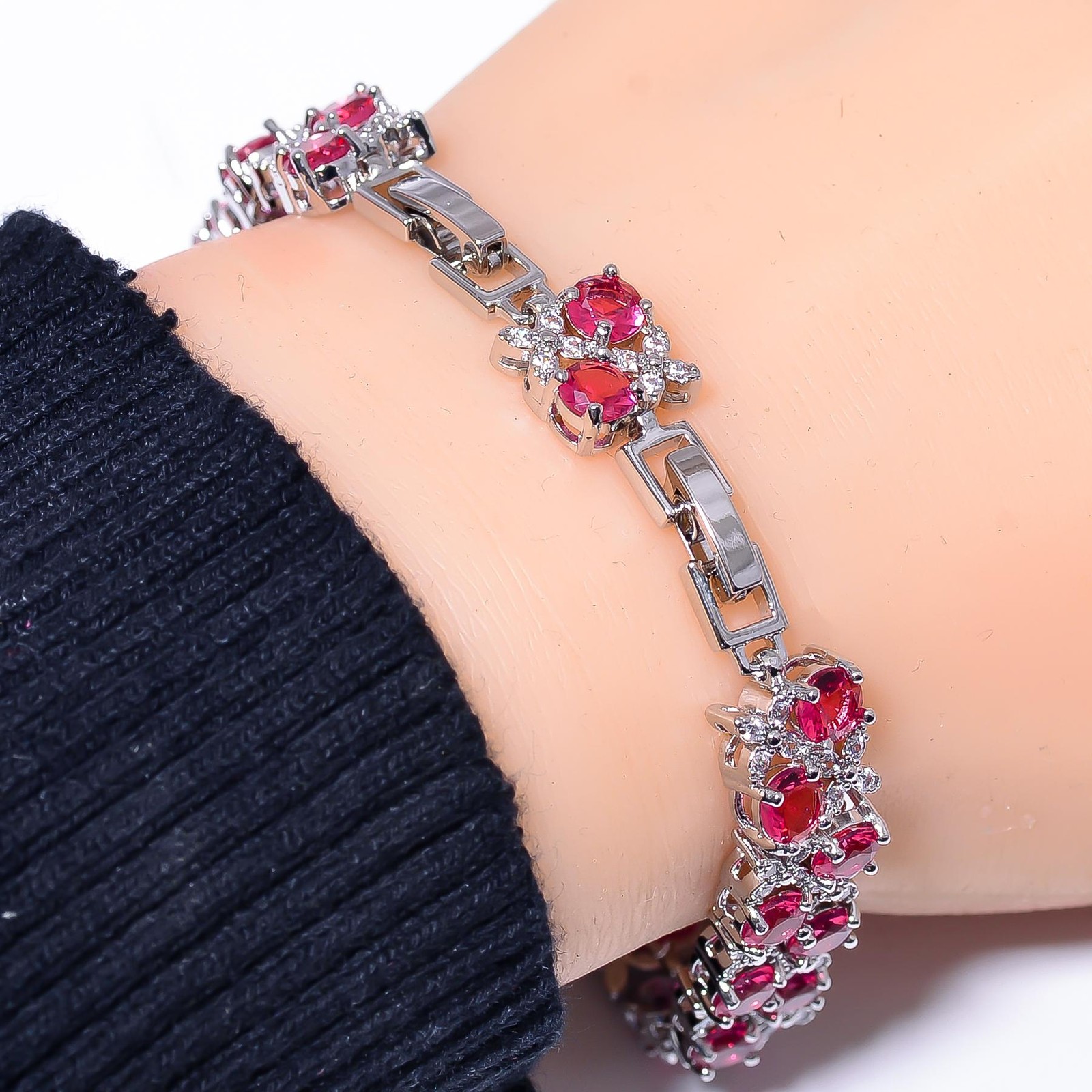 Pink Rubellite Tourmaline & CZ 925 Sterling Silver Tennis Bracelet 7.99″ B145