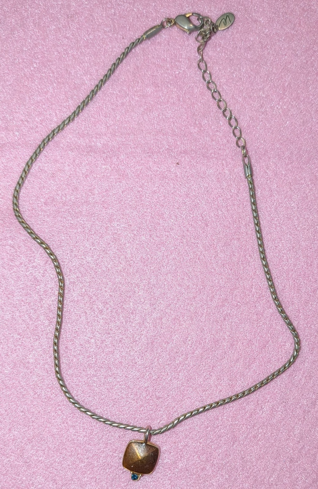 Silver Tone Rope Chain Necklace Square Brown Pendant Blue Bead Dangle Signed