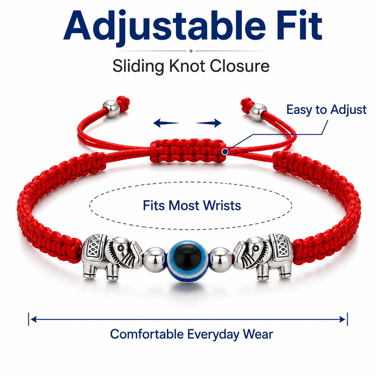 Adjustable Red String Bracelet Blue Evil Eye Elephant Charm Lucky Unisex Jewelry